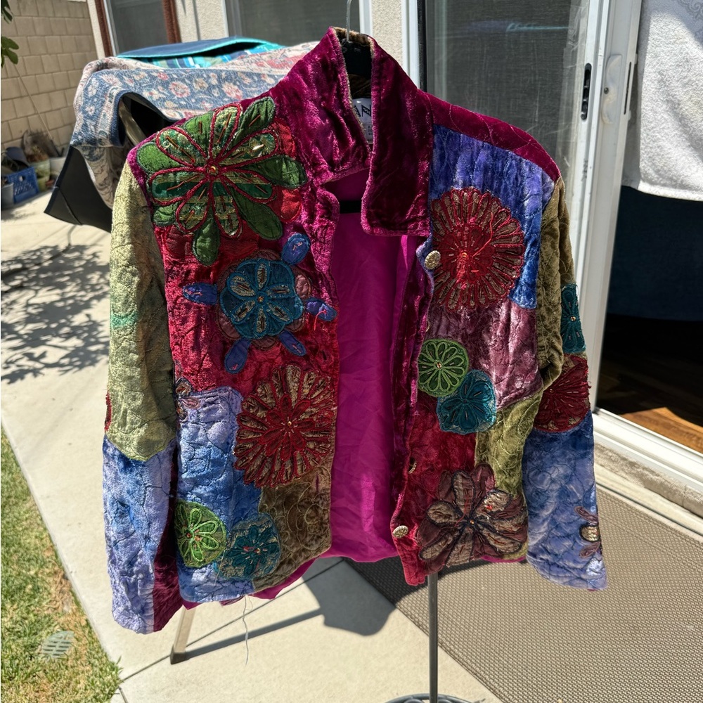 Anage Boho Patchwork Velvet Embroidered Jacket Size Small
